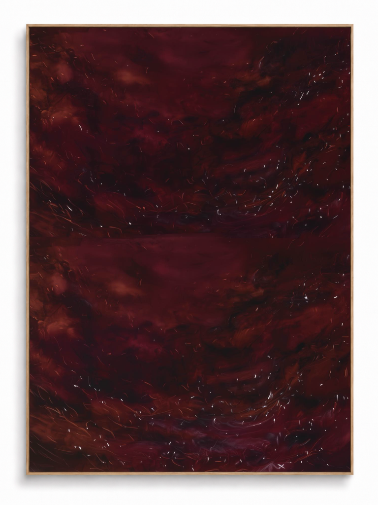 Quite Spectrum III deep crimson burgundy abstract canvas art print in oak shadow frame