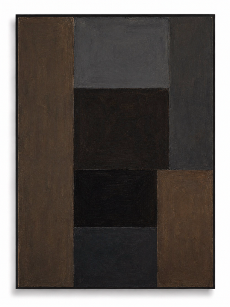 Basalt dark grey brown geometric abstract canvas art print in black portrait frame