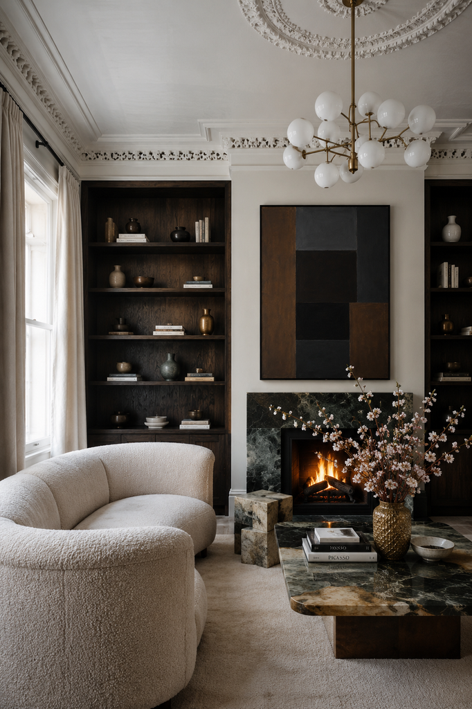 Basalt dark grey brown geometric abstract canvas art print in black frame styled living room above fireplace