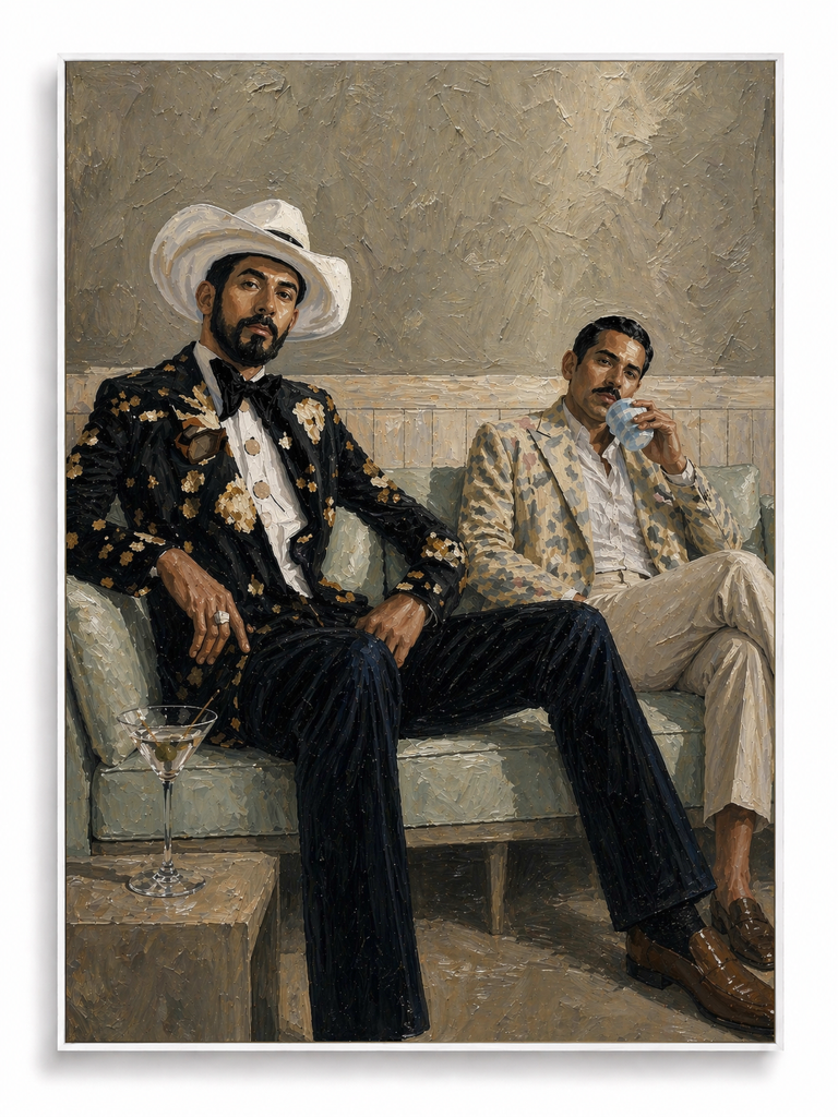 Between Conversations figurative two figures impasto style canvas art print in white shadow frame