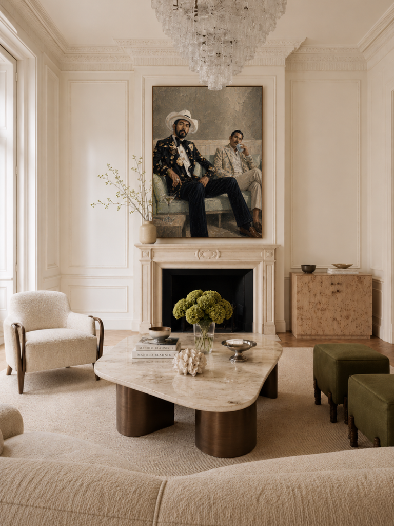 Between Conversations figurative two figures impasto canvas art print styled contemporary living room