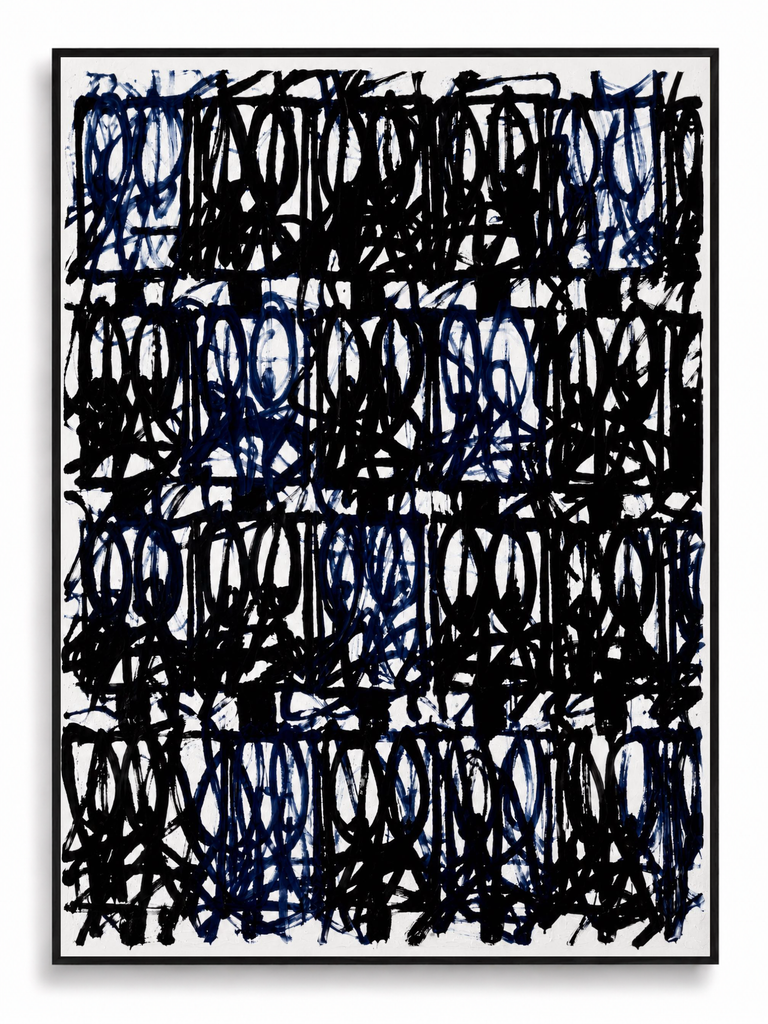 Black Frequency navy black gestural abstract canvas art print in black shadow frame