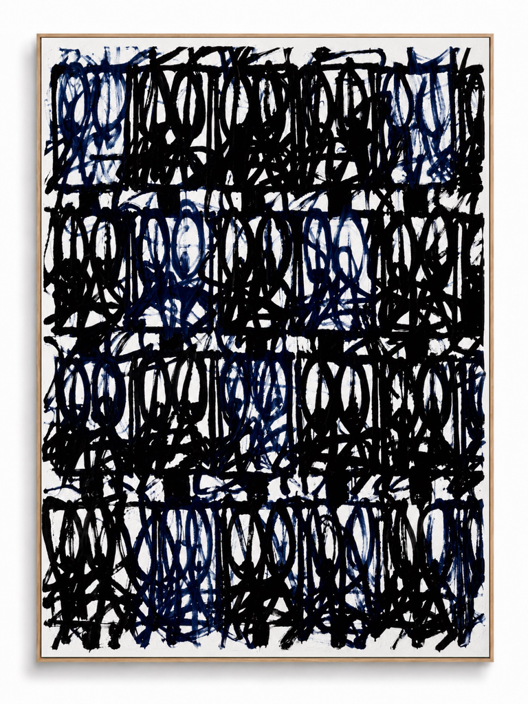 Black Frequency navy black gestural abstract canvas art print in oak shadow frame