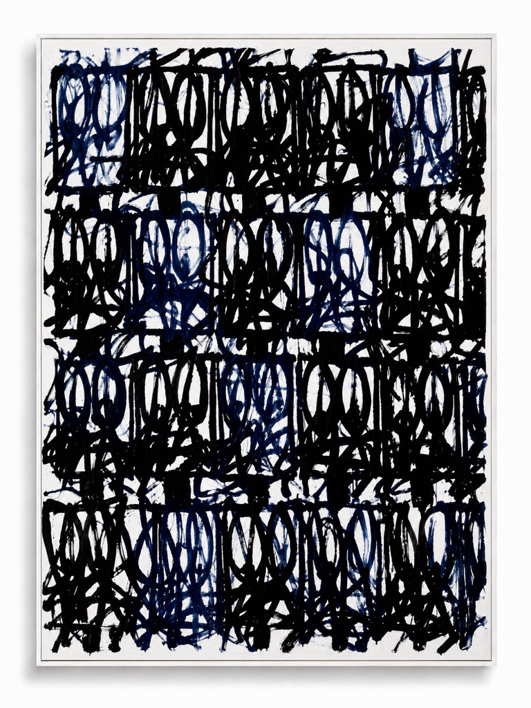 Black Frequency navy black gestural abstract canvas art print in white shadow frame