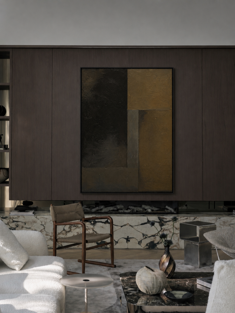 Blackened Clay dark geometric black umber abstract canvas art print styled contemporary living room