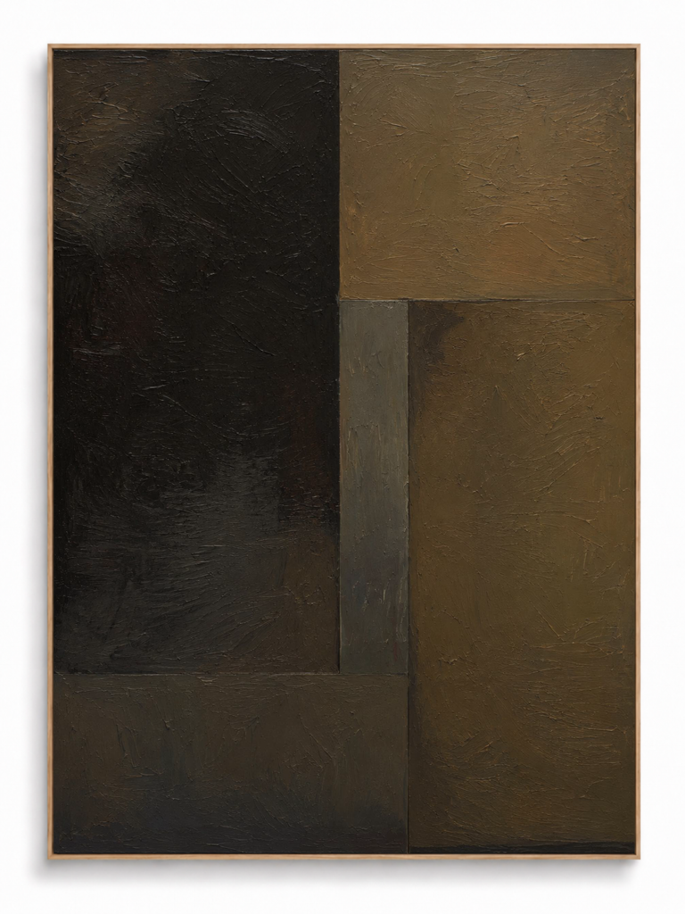 Blackened Clay dark geometric black umber abstract canvas art print in oak shadow frame