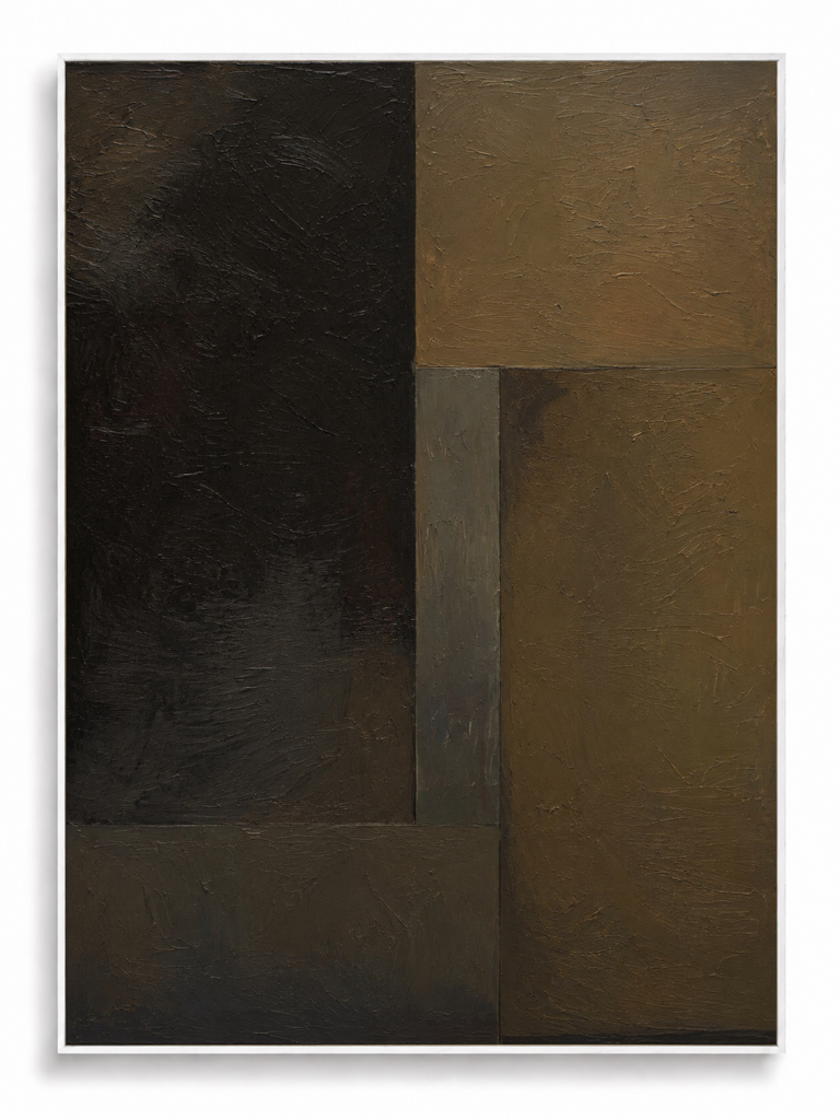 Blackened Clay dark geometric black umber abstract canvas art print in white shadow frame