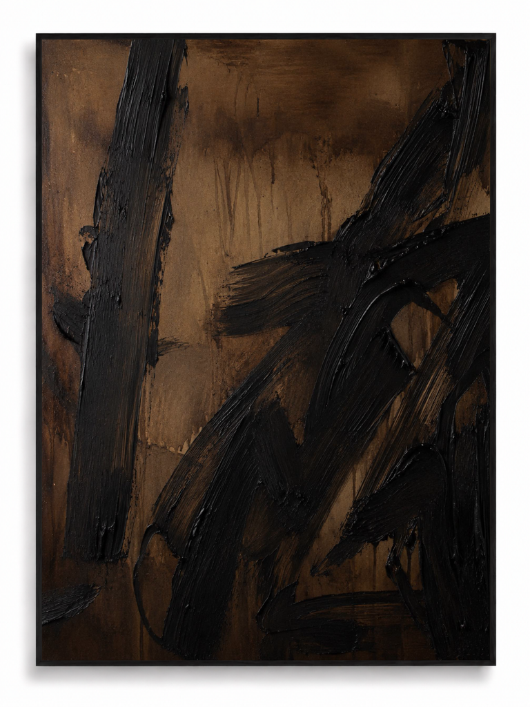 Carbon dark gestural black impasto abstract canvas art print in black shadow frame