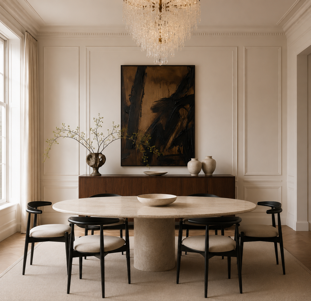 Carbon dark gestural black impasto abstract canvas art print styled contemporary dining room