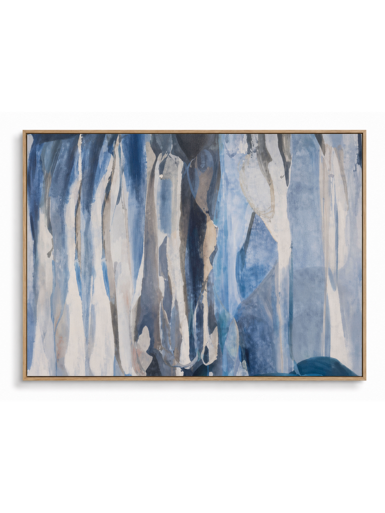 Cascade bold blue white gestural abstract canvas art print in oak shadow frame