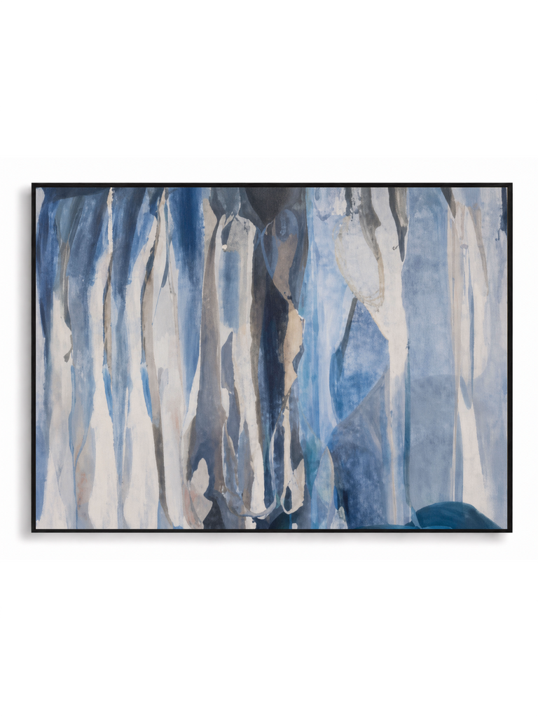 Cascade bold blue white gestural abstract canvas art print in black shadow frame