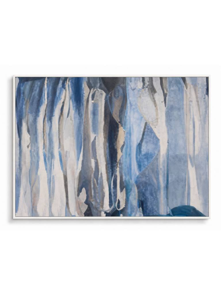 Cascade bold blue white gestural abstract canvas art print in white shadow frame