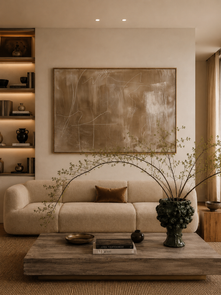 Chalk On Earth taupe chalk mark abstract canvas art print in oak frame styled contemporary living room