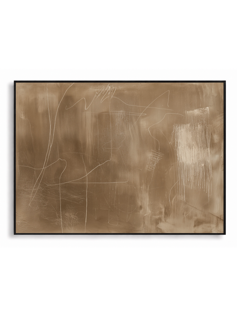 Chalk On Earth taupe chalk mark landscape abstract canvas art print in black shadow frame