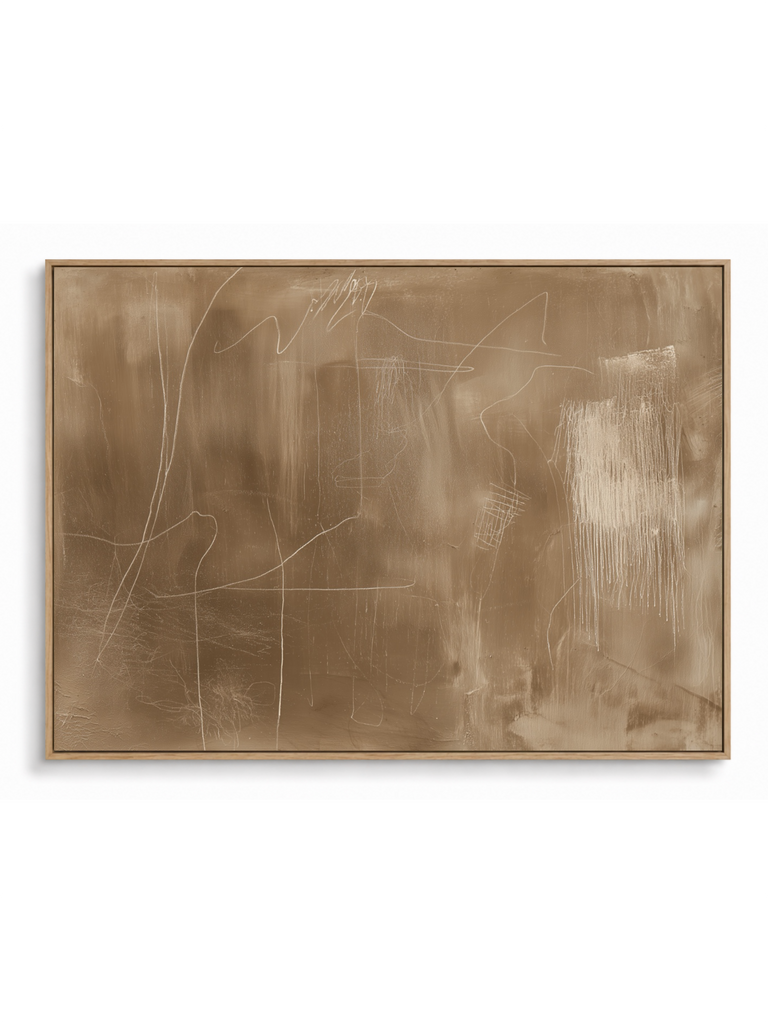 Chalk On Earth taupe chalk mark landscape abstract canvas art print in oak shadow frame