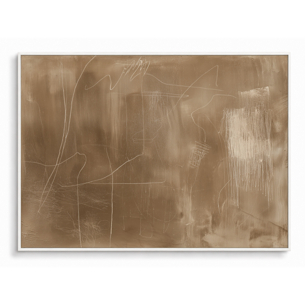 Chalk On Earth taupe chalk mark landscape abstract canvas art print in white shadow frame