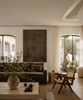 Cordovan deep brown textured abstract canvas art print styled Mediterranean living room arched windows