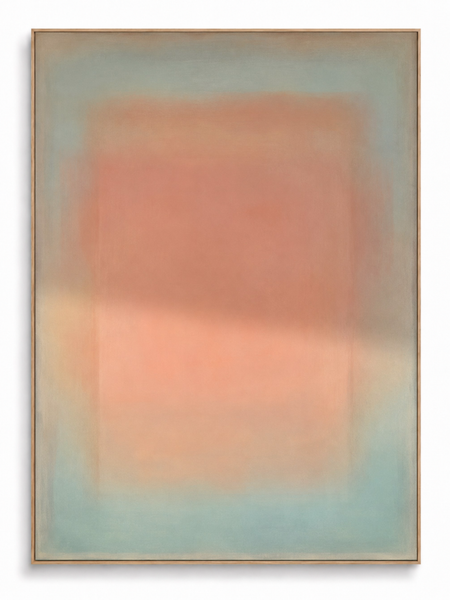 Dawn Haze blush pink sage colour field abstract canvas art print in oak shadow frame