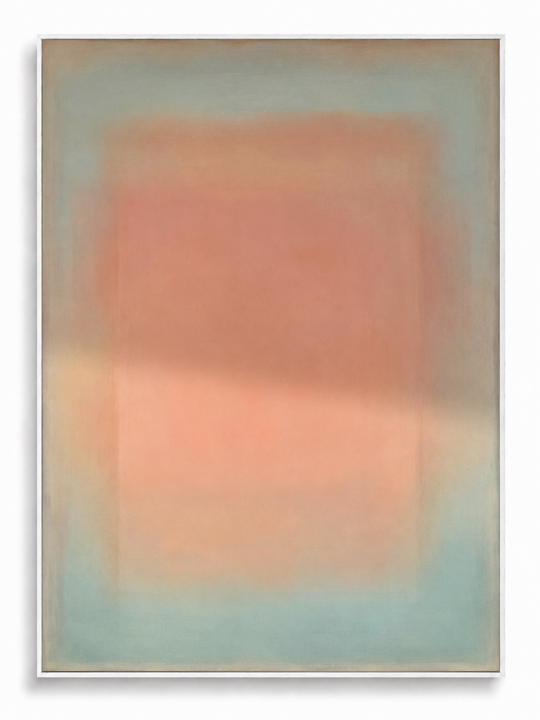 Dawn Haze blush pink sage colour field abstract canvas art print in white shadow frame