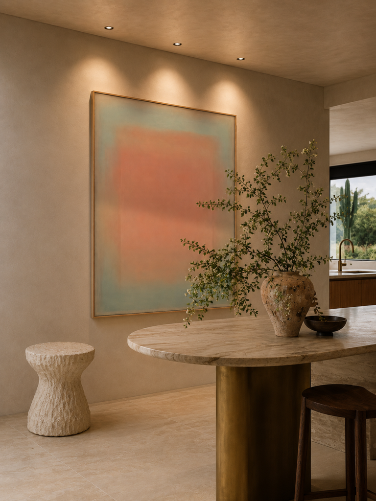Dawn Haze blush pink sage colour field abstract canvas art print in oak shadow frame. Kitchen Lifestyle.