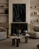 Reckoning dark black grey gestural abstract canvas art print in black frame styled living room above fireplace built-in shelves