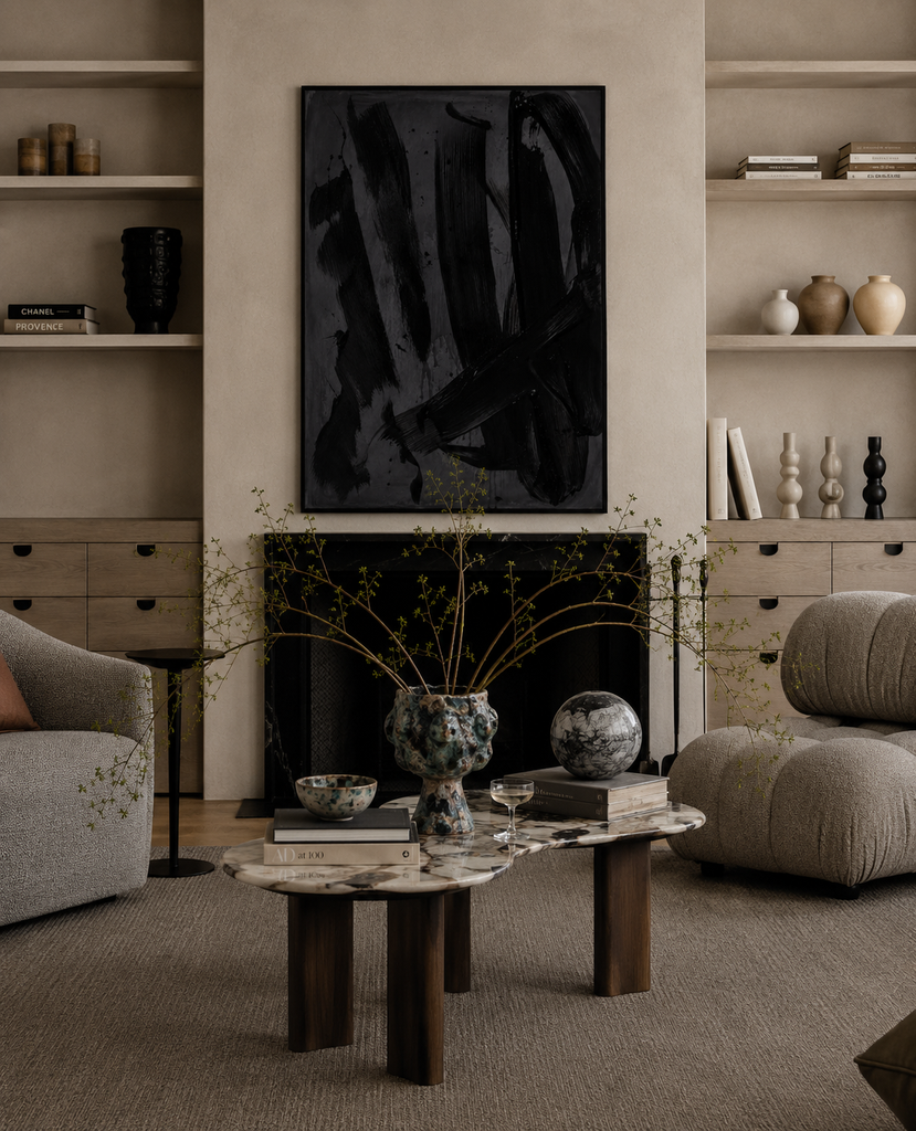 Reckoning dark black grey gestural abstract canvas art print in black frame styled living room above fireplace built-in shelves