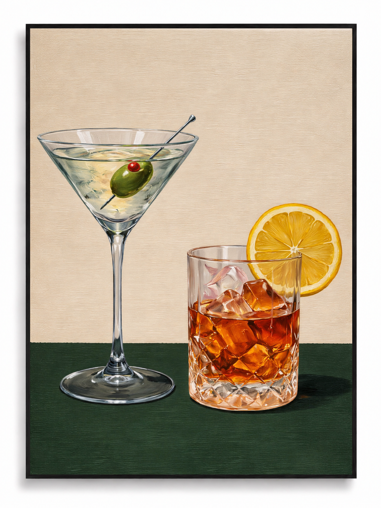 Evening Ritual martini and whisky cocktail still life canvas art print in black shadow frame