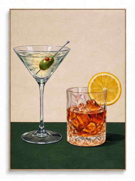 Evening Ritual martini and whisky cocktail still life canvas art print in oak shadow frame