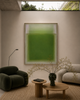 Folia forest green colour field abstract canvas art print in oak frame styled contemporary living room