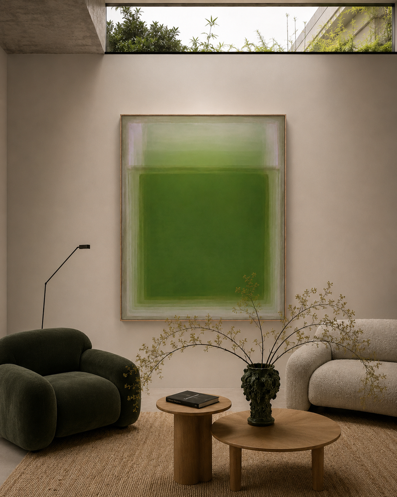 Folia forest green colour field abstract canvas art print in oak frame styled contemporary living room