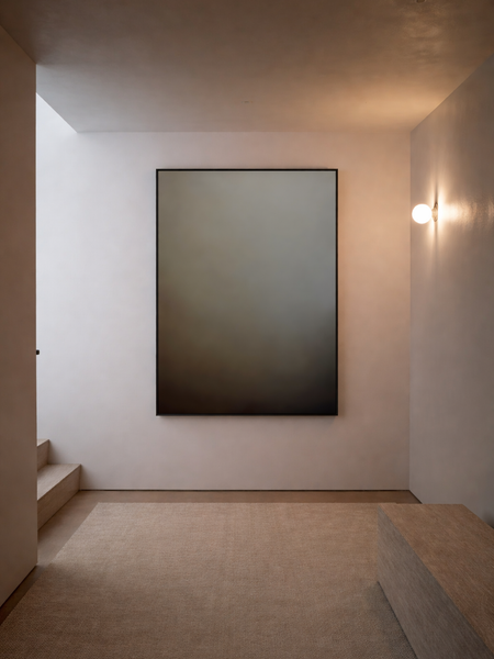 Grounded Light abstract canvas art in warm grey and sage displayed in a luxury interior hallway
