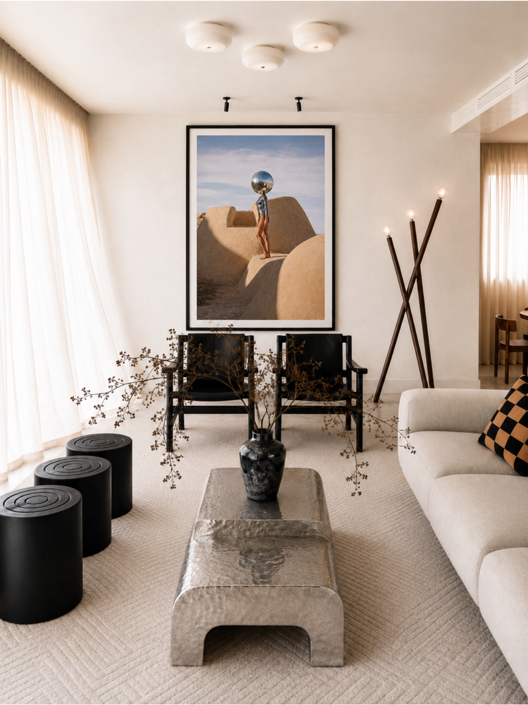 Helios Mirror framed photographic print styled contemporary living room