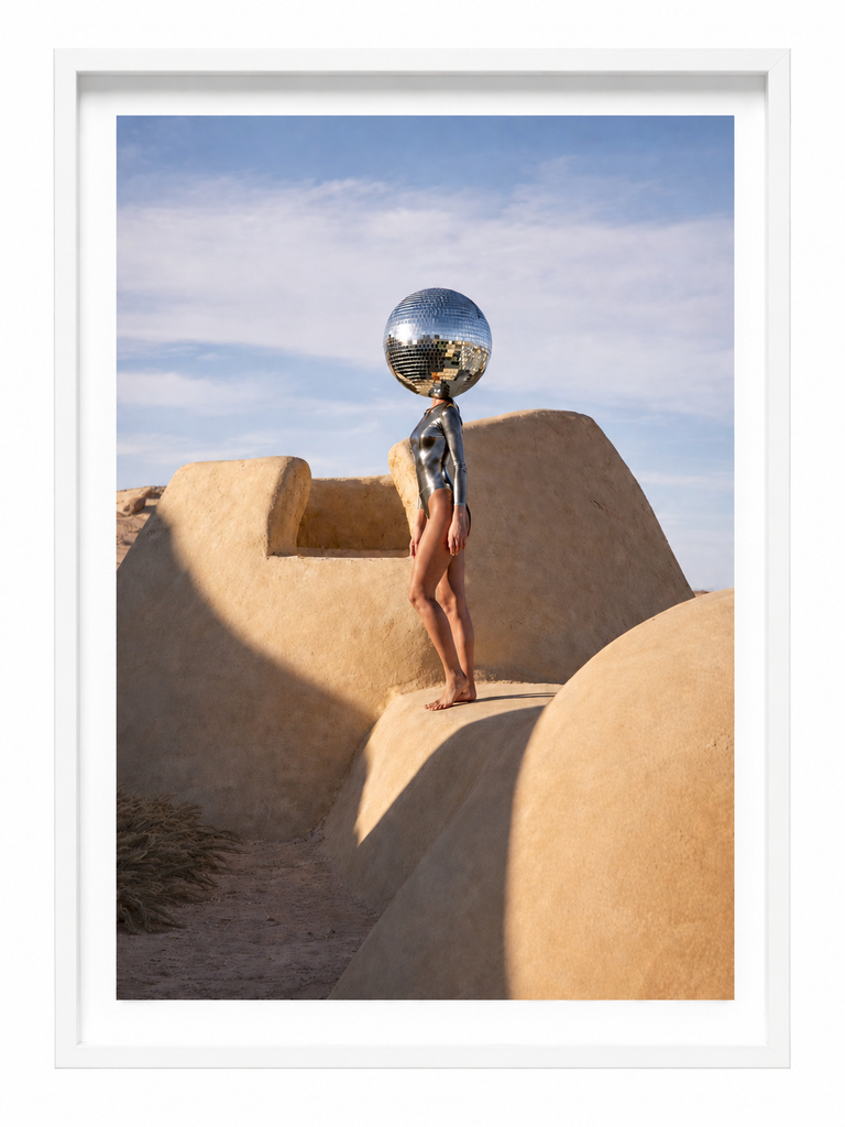 Helios Mirror figure with mirror ball desert landscape framed photographic print in white frame