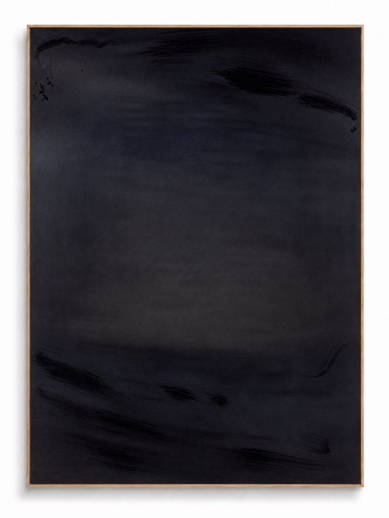 Ink Tide deep black gestural abstract canvas art print in oak shadow frame