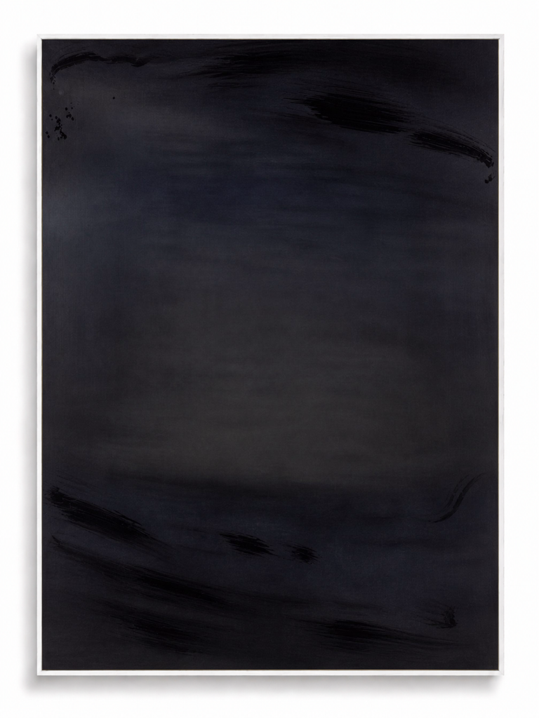 Ink Tide deep black gestural abstract canvas art print in white shadow frame