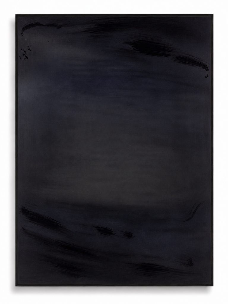 Ink Tide deep black gestural abstract canvas art print in black shadow frame