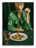 La Gourmande portrait figurative woman dining green canvas art print in black frame