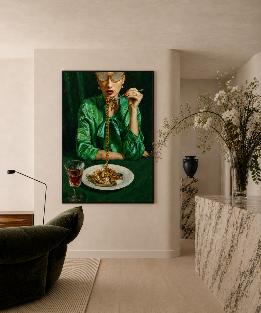 La Gourmande portrait figurative woman dining canvas art print in black frame styled contemporary living room