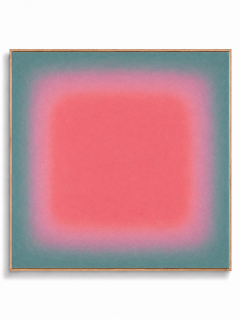 Lumen Bloom pink turquoise colour field abstract canvas art print in oak square frame