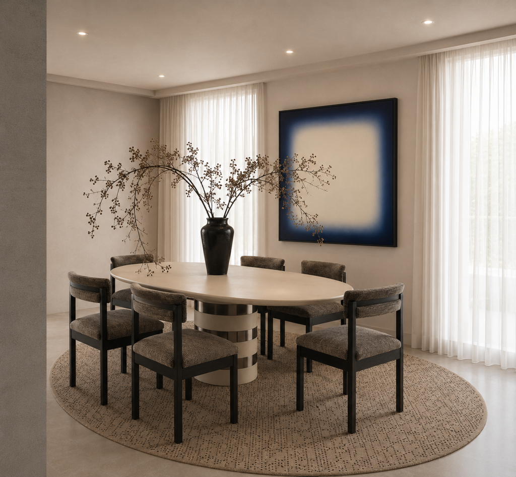 Luminary indigo blue cream glow canvas art print in black frame styled contemporary dining room