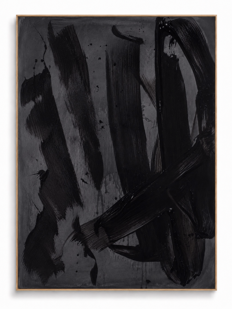Reckoning dark black grey gestural expressionist abstract canvas art print in oak frame