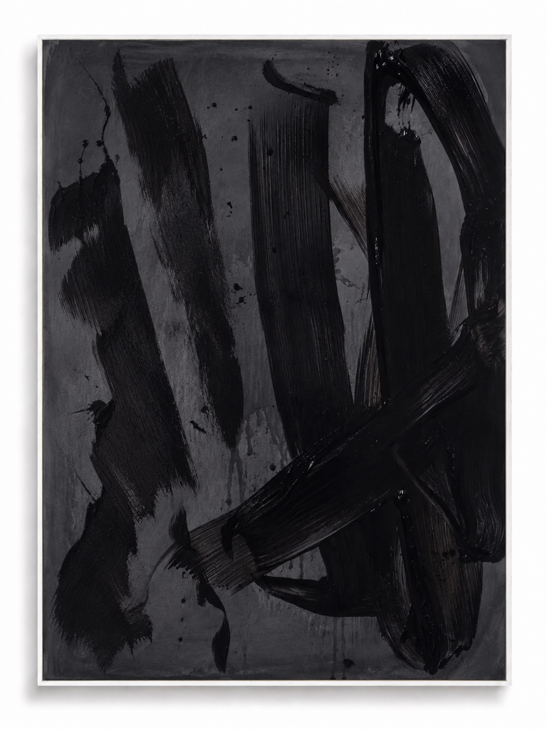 Reckoning dark black grey gestural expressionist abstract canvas art print in white frame