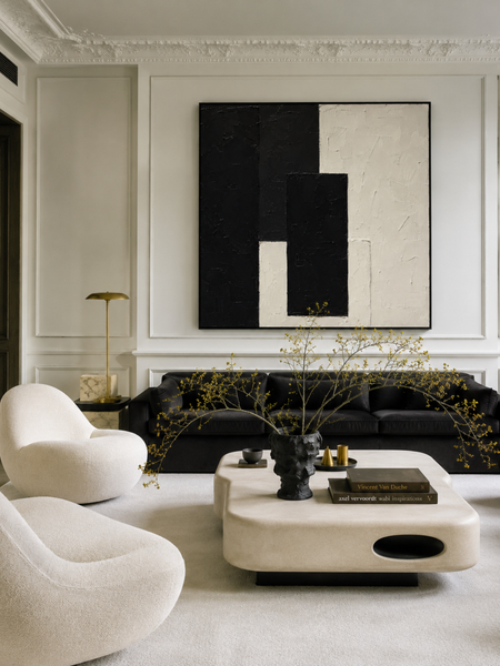 Sanctum black white geometric abstract canvas art print in black frame styled contemporary living room panelled walls