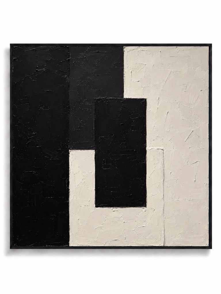 Sanctum black white geometric square abstract canvas art print in black shadow frame