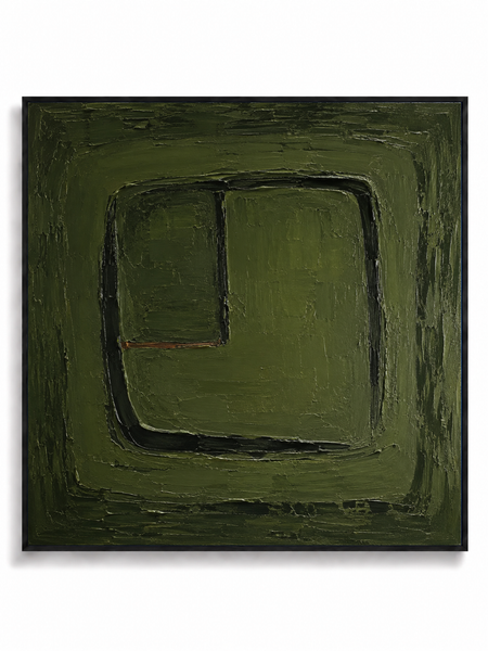 Verdant olive green geometric square abstract canvas art print in black shadow frame