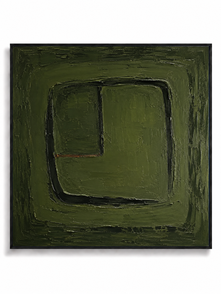 Verdant olive green geometric square abstract canvas art print in black shadow frame