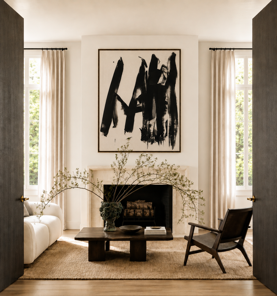 Vertex black brushstroke abstract canvas art print in black frame styled living room above fireplace