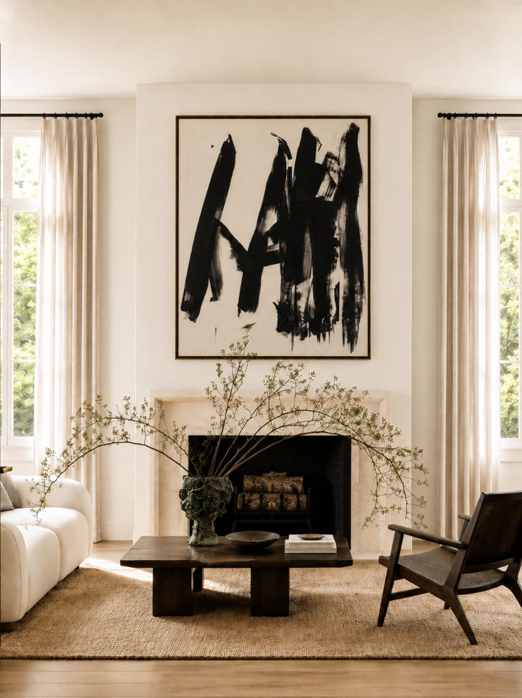 Vertex black brushstroke abstract canvas art print in black frame styled living room above fireplace