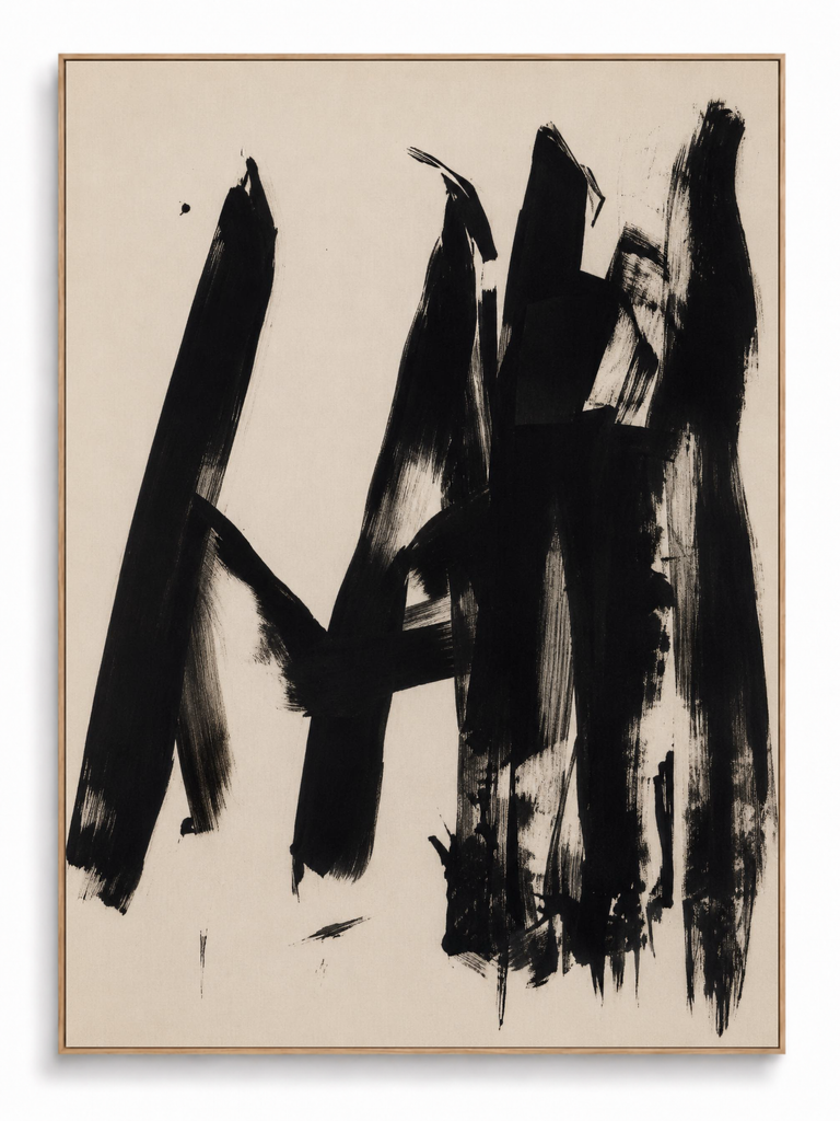 Vertex abstract black brushstroke art print on canvas with oak shadow frame by Art House Republic