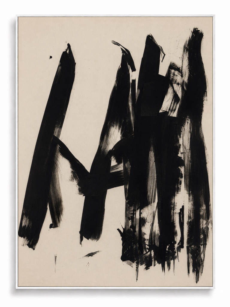 Vertex abstract black brushstroke art print on canvas with white shadow frame by Art House Republic